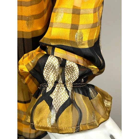 Joie Blouse M Gold Yellow Orange Brown Long Puff Sleeve Ruffle Tie Geometric - Picture 11 of 15
